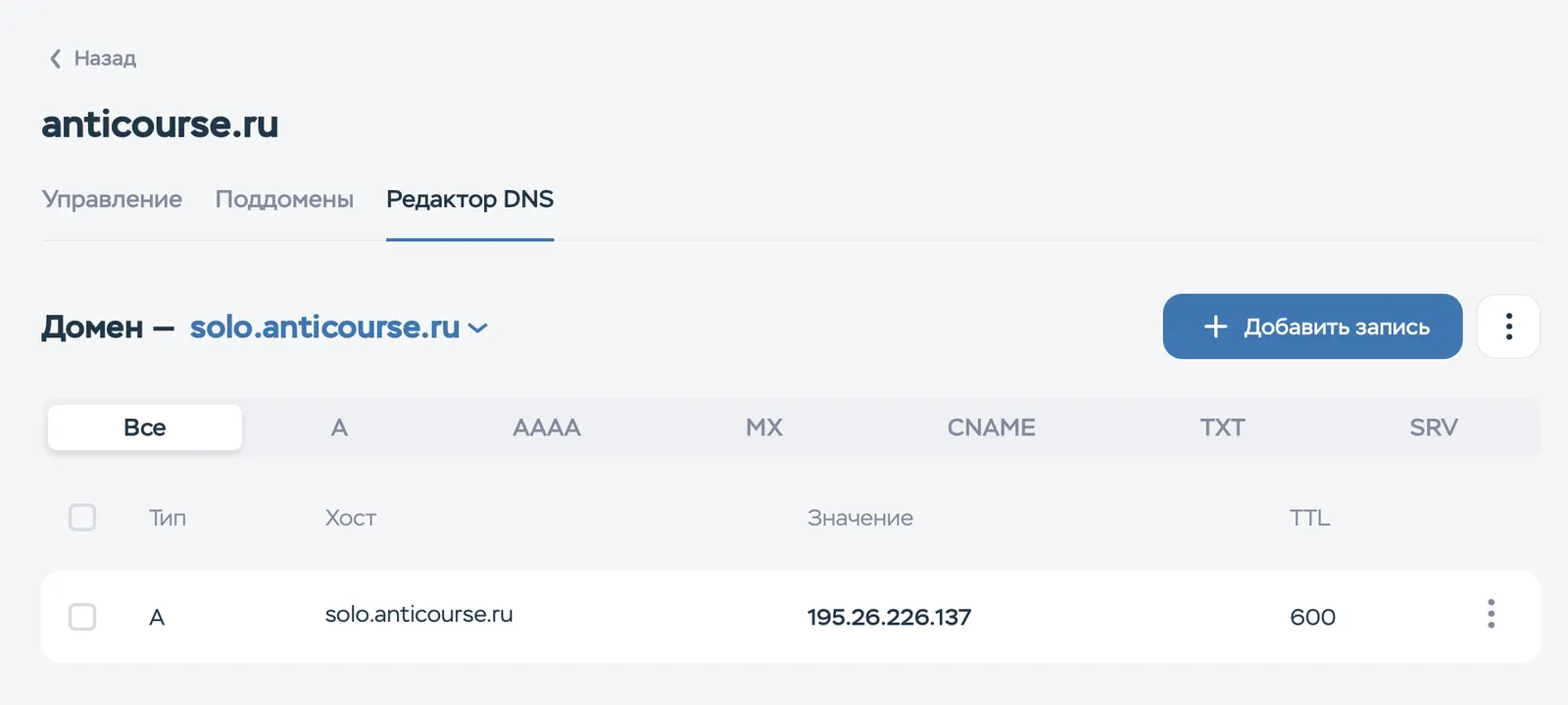 Редактор DNS Timeweb: одна A-запись с IP сервера